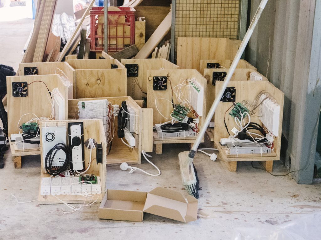 Process of creating harps using CD Structural Pine Plywood for a display at the 2019 Vivid Festival