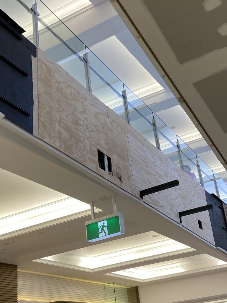 shopping centre renovation using MDF as a template for curved plasterboard ceilings