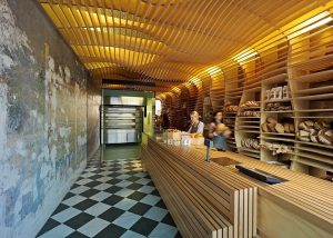 Warm and earthy aesthetic achieved in a retail space using plywood